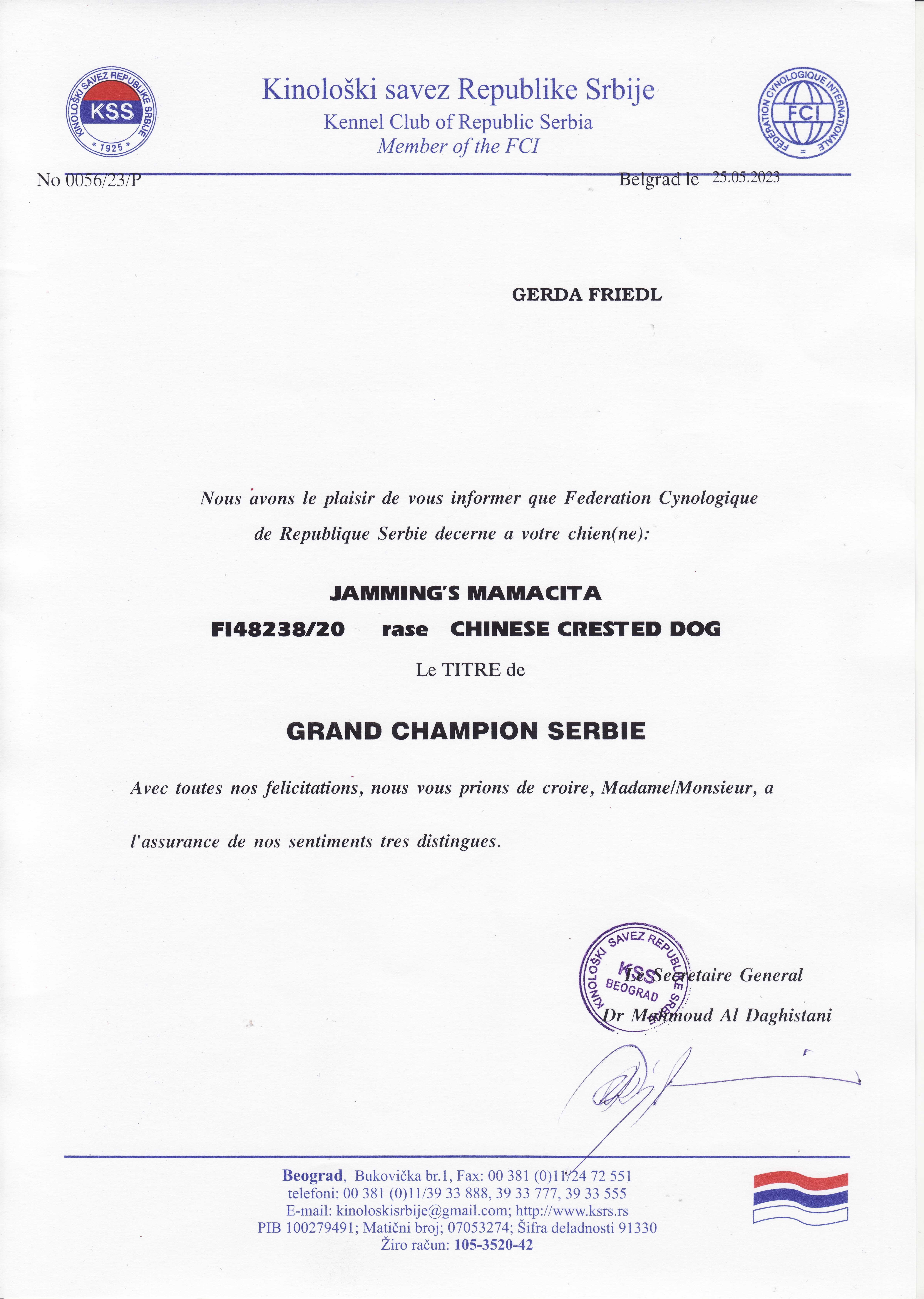 Bestätigung Grand-Champion Serbien